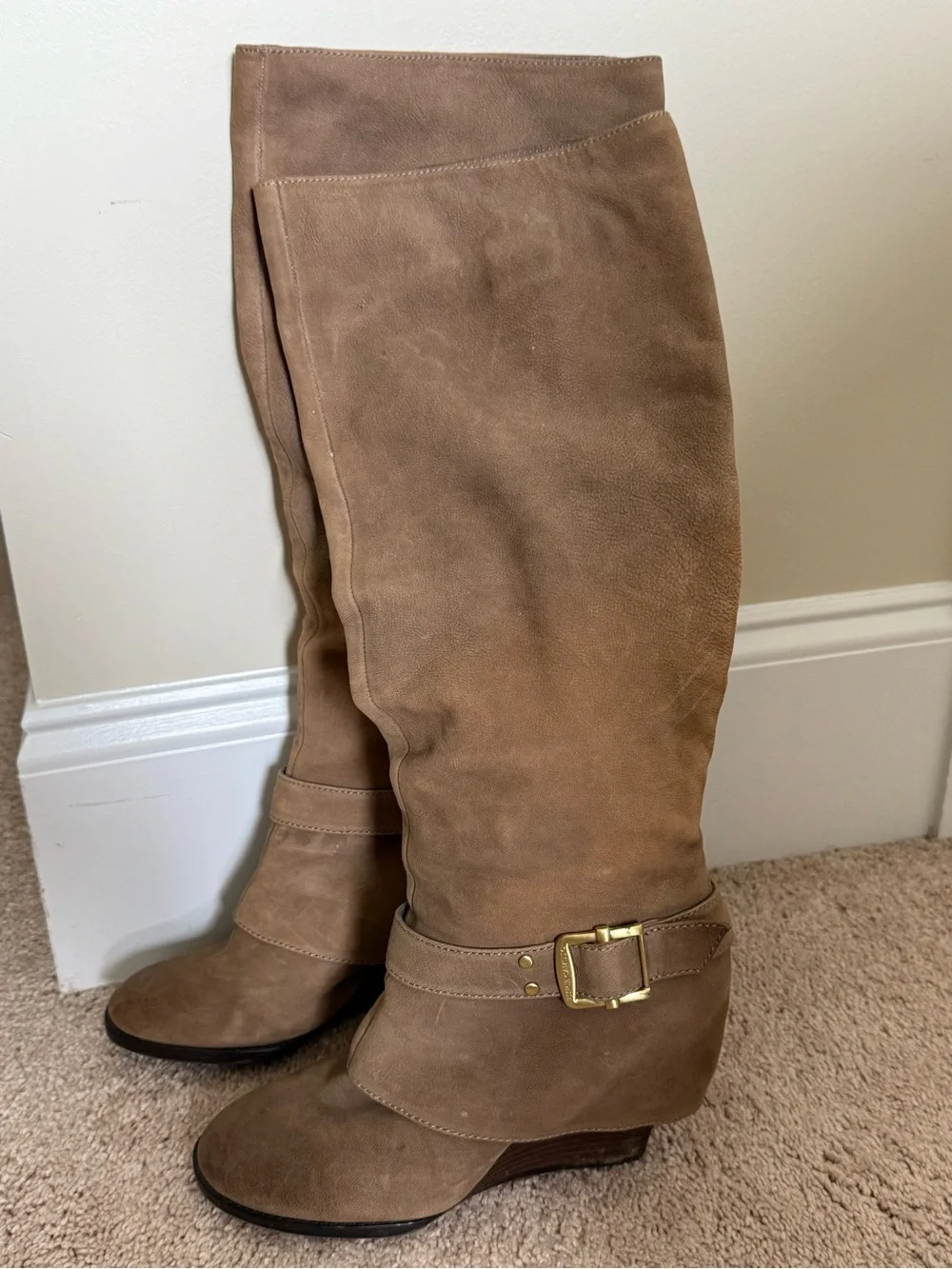 Vince Camuto Taupe Over-the-Knee Wedge Boots with Gold Buckle